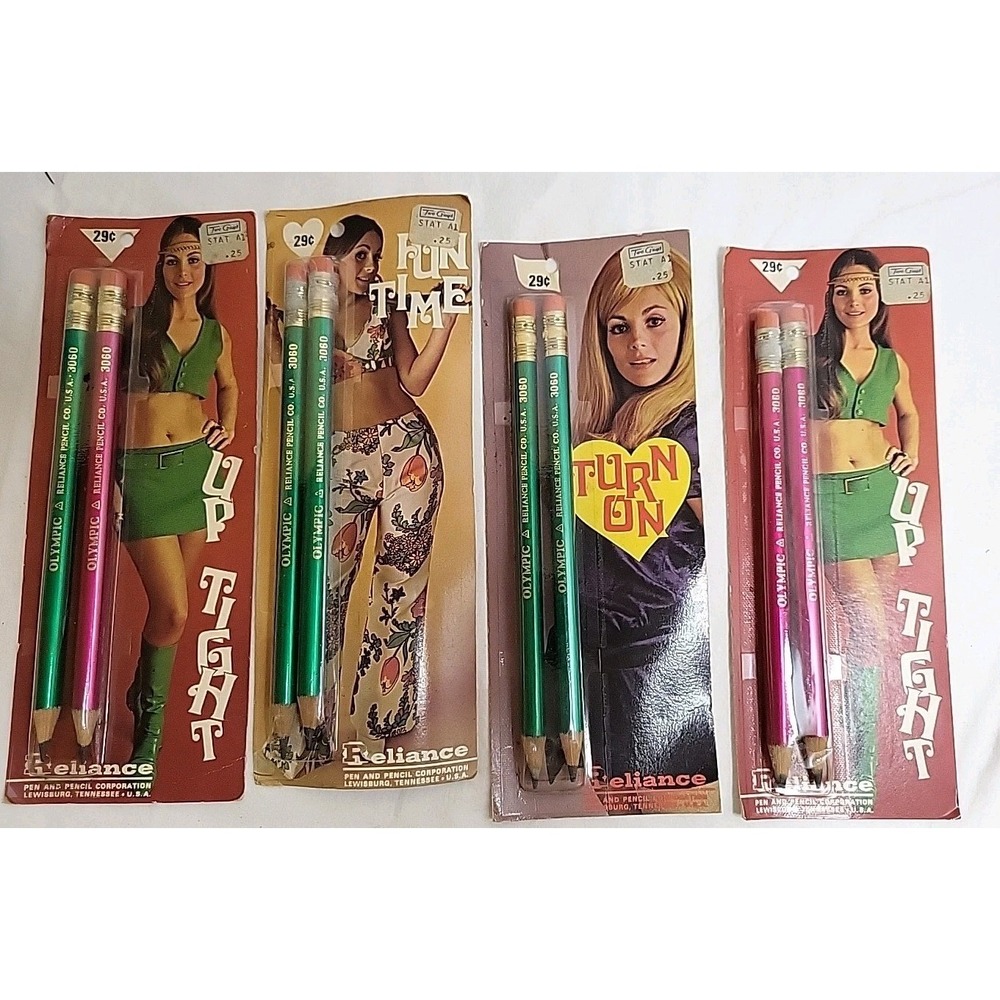 Vtg Jumbo Pencils Olympic Reliance 3060 Lot 4 2 Pack Green Pink Mini Skirt Retro